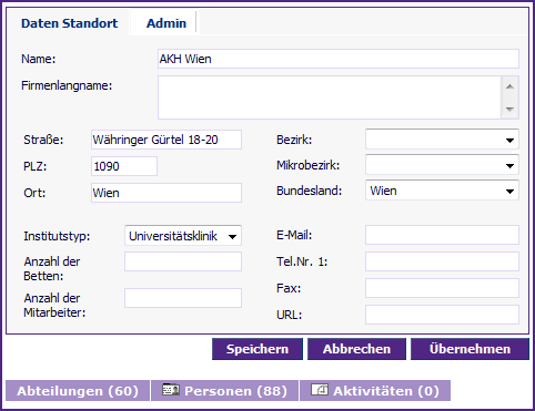 Formular für die Bearbeitung eines Standortes